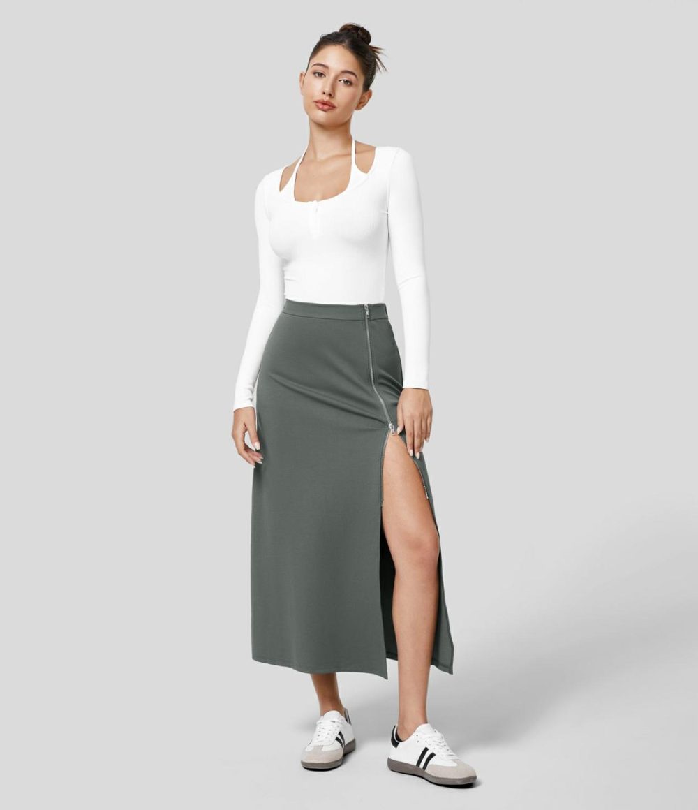 High Waitsed 2-Way Zipper Split A Line Midi Casual Skirt  | Womens  Everyday Skirts Clothing Black/Sedona Sage