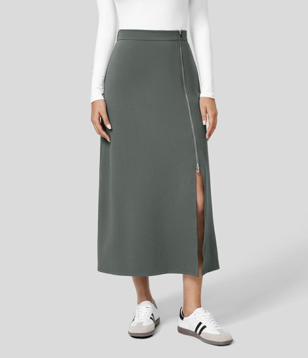 High Waitsed 2-Way Zipper Split A Line Midi Casual Skirt  | Womens  Everyday Skirts Clothing Black/Sedona Sage