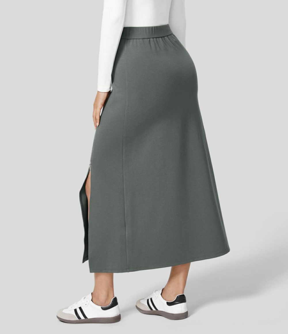 High Waitsed 2-Way Zipper Split A Line Midi Casual Skirt  | Womens  Everyday Skirts Clothing Black/Sedona Sage