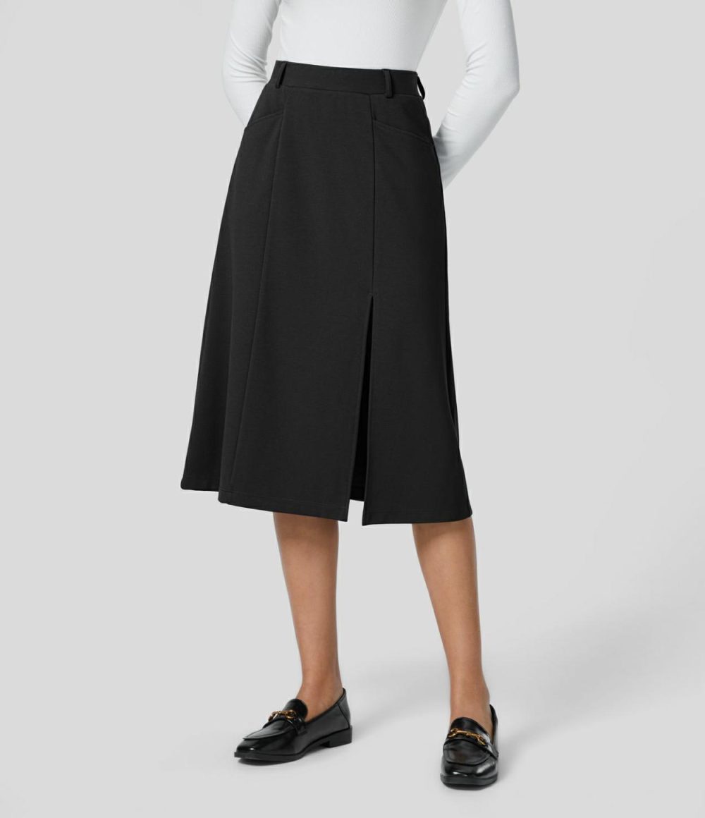 High Waitsed Side Pocket Split Hem Solid Midi Work A-line Skirt  | Womens  Everyday Skirts Clothing Black/Stellar