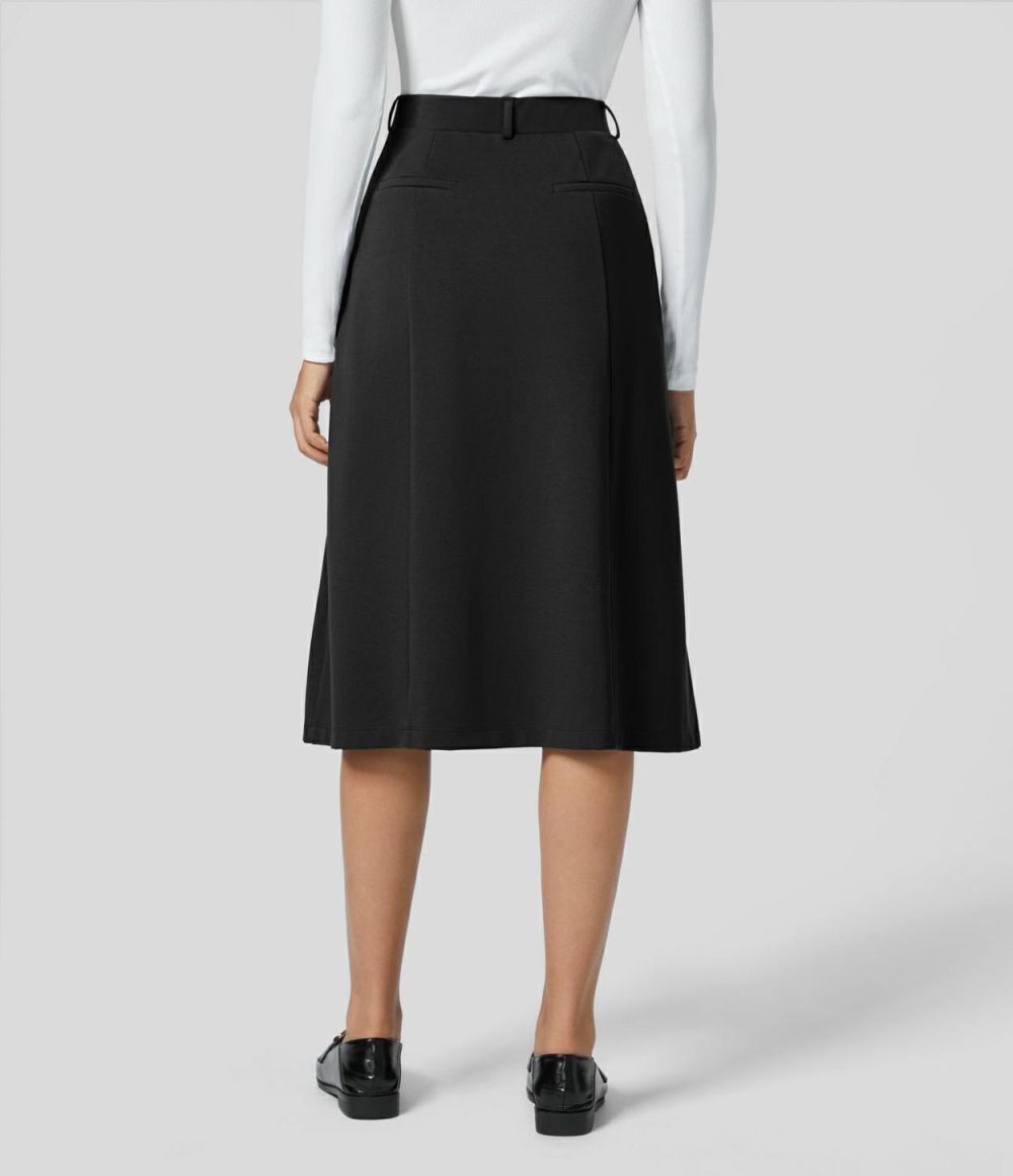 High Waitsed Side Pocket Split Hem Solid Midi Work A-line Skirt  | Womens  Everyday Skirts Clothing Black/Stellar