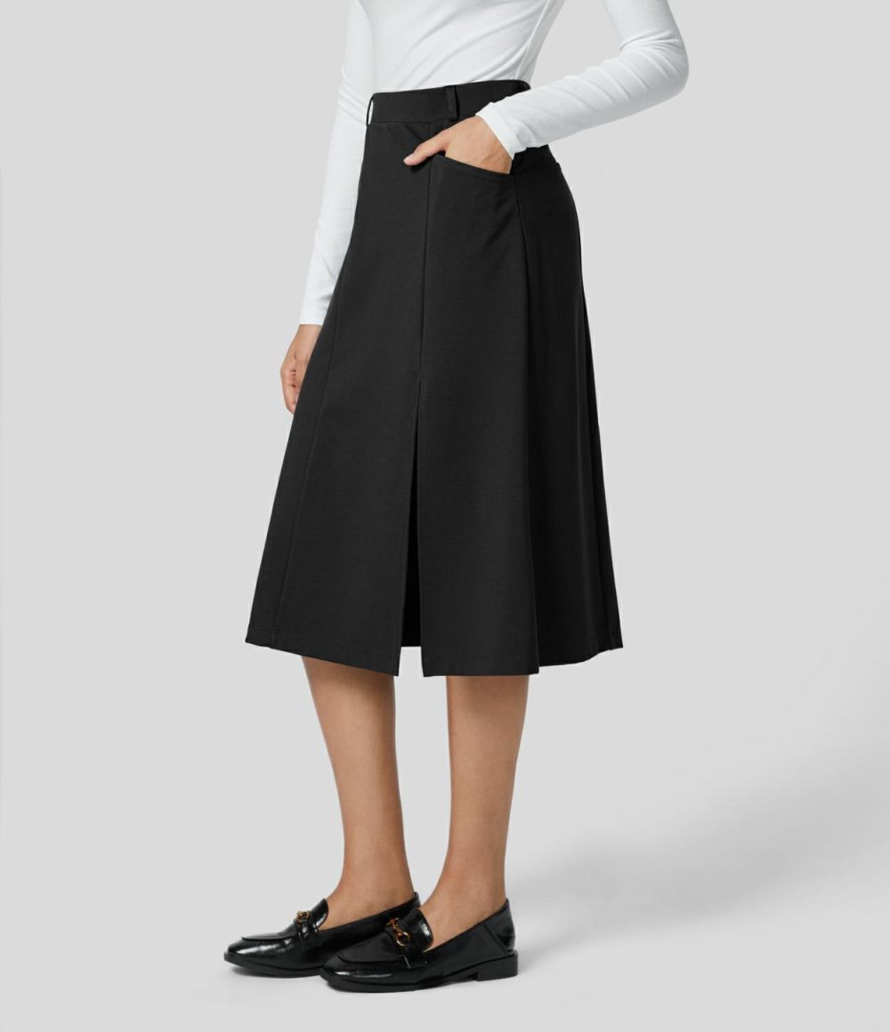 High Waitsed Side Pocket Split Hem Solid Midi Work A-line Skirt  | Womens  Everyday Skirts Clothing Black/Stellar