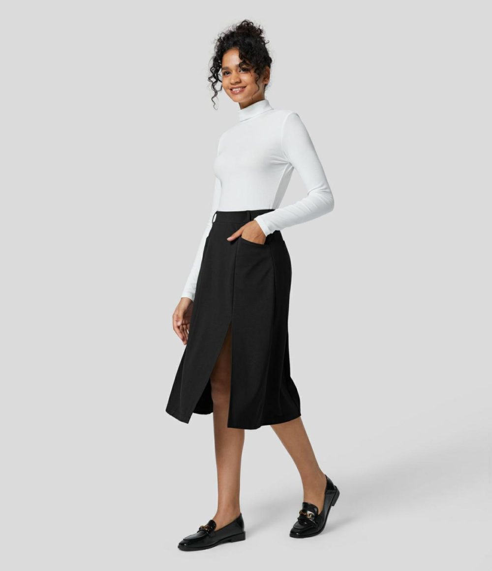 High Waitsed Side Pocket Split Hem Solid Midi Work A-line Skirt  | Womens  Everyday Skirts Clothing Black/Stellar