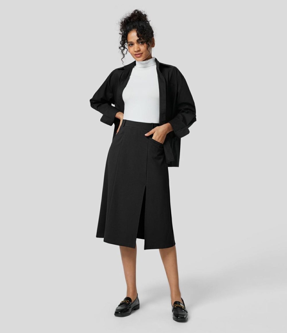 High Waitsed Side Pocket Split Hem Solid Midi Work A-line Skirt  | Womens  Everyday Skirts Clothing Black/Stellar