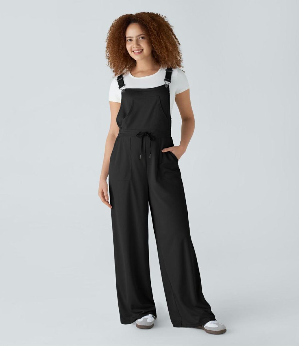 Hooded Adjustable Strap Drawstring Multiple Pockets Waffle Casual Overalls  | Womens  Overalls Clothing Black/Charm Ink Blue/Frost Clear Haze