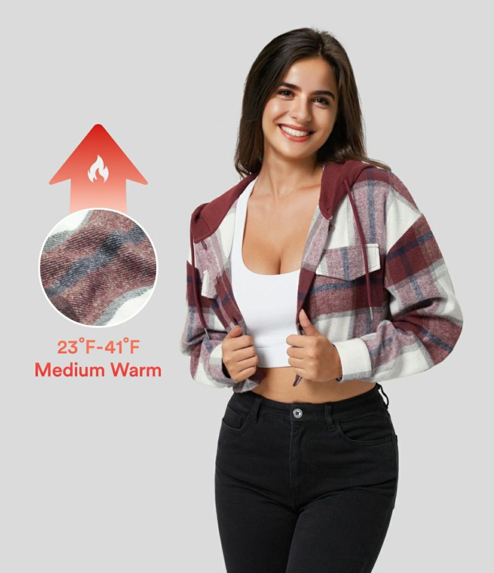 Hooded Drawstring Button Front Cropped Plaid Fleece Casual Jacket  | Womens  Long Sleeve Tops Clothing Long Sleeve Tops