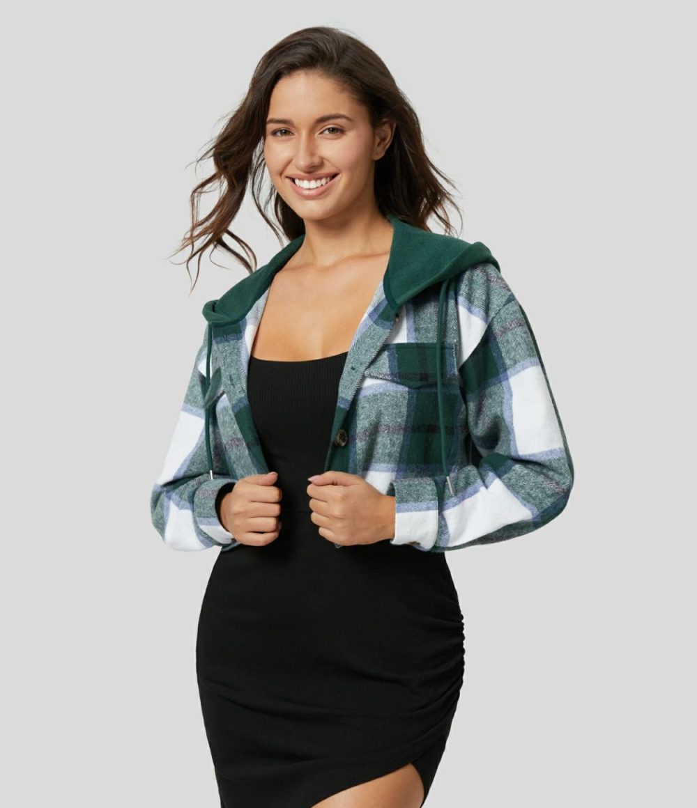 Hooded Drawstring Button Front Cropped Plaid Fleece Casual Jacket  | Womens  Long Sleeve Tops Clothing Long Sleeve Tops