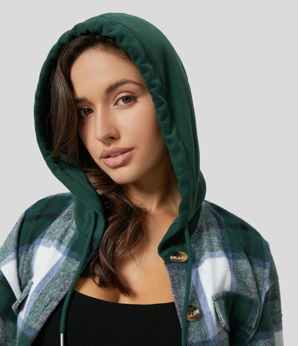 Hooded Drawstring Button Front Cropped Plaid Fleece Casual Jacket  | Womens  Long Sleeve Tops Clothing Long Sleeve Tops