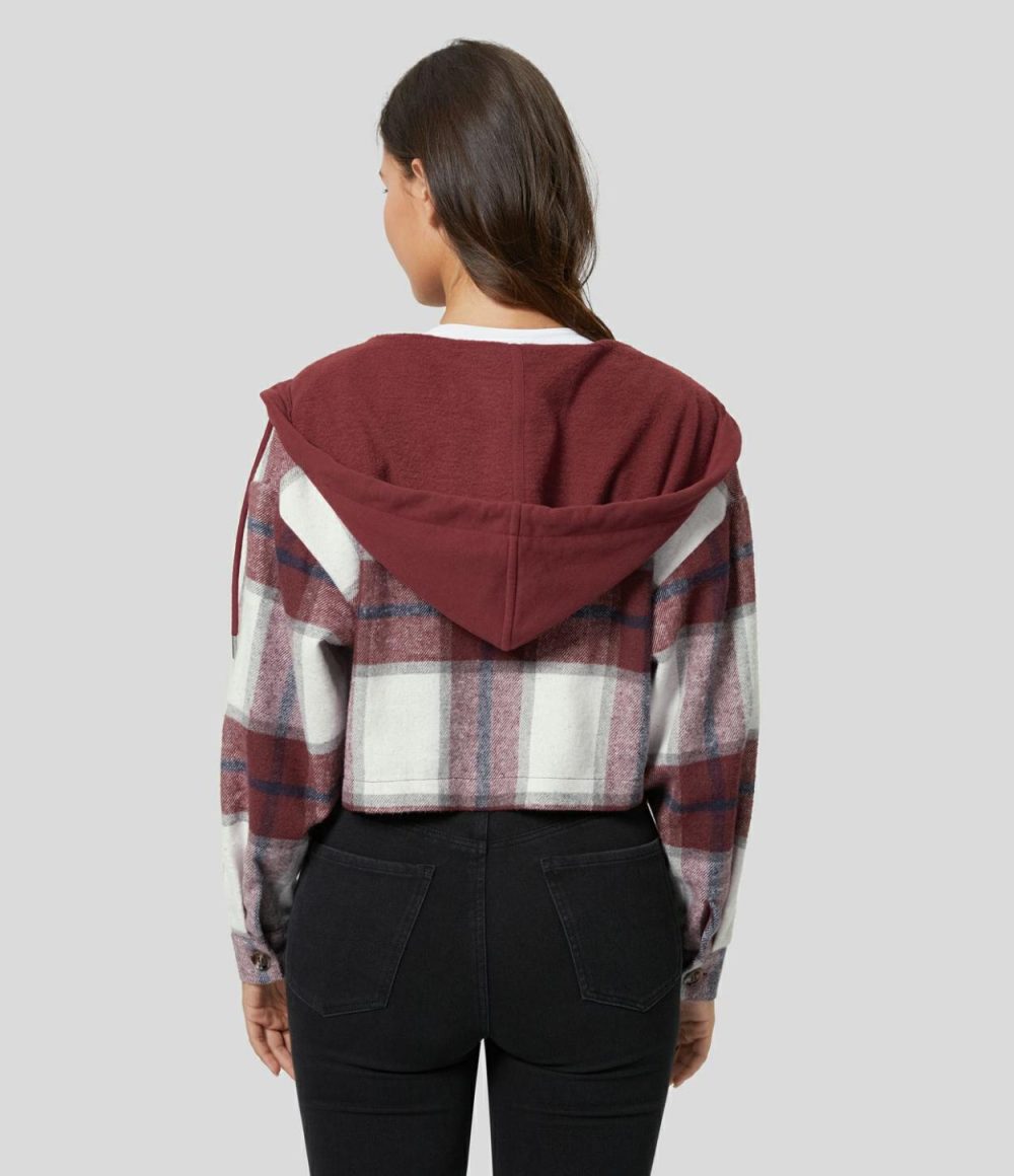 Hooded Drawstring Button Front Cropped Plaid Fleece Casual Jacket  | Womens  Long Sleeve Tops Clothing Long Sleeve Tops