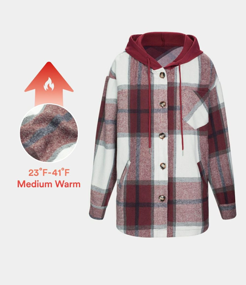 Hooded Drawstring Button Side Pocket Plaid Fleece Casual Jacket  | Womens  Long Sleeve Tops Clothing Long Sleeve Tops