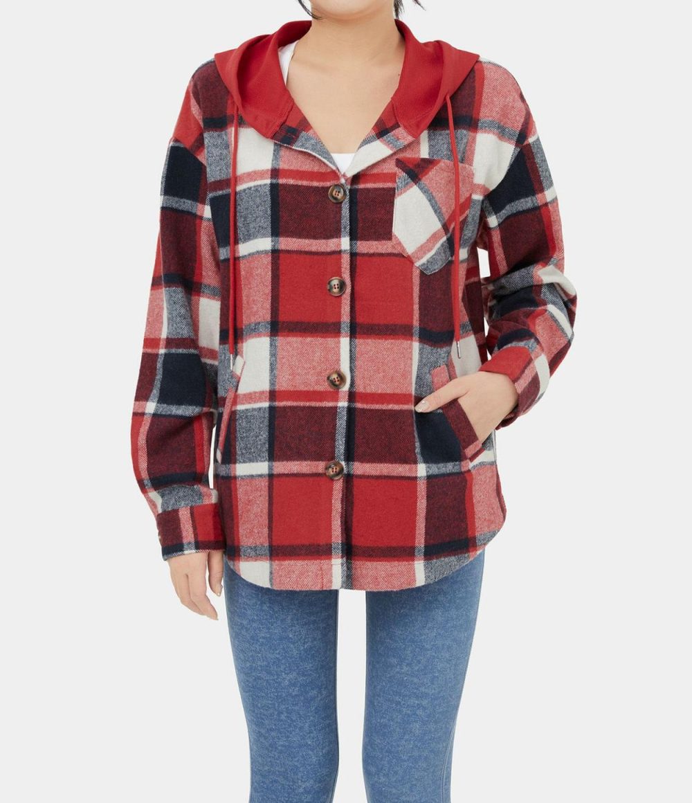 Hooded Drawstring Button Side Pocket Plaid Fleece Casual Jacket  | Womens  Long Sleeve Tops Clothing Long Sleeve Tops