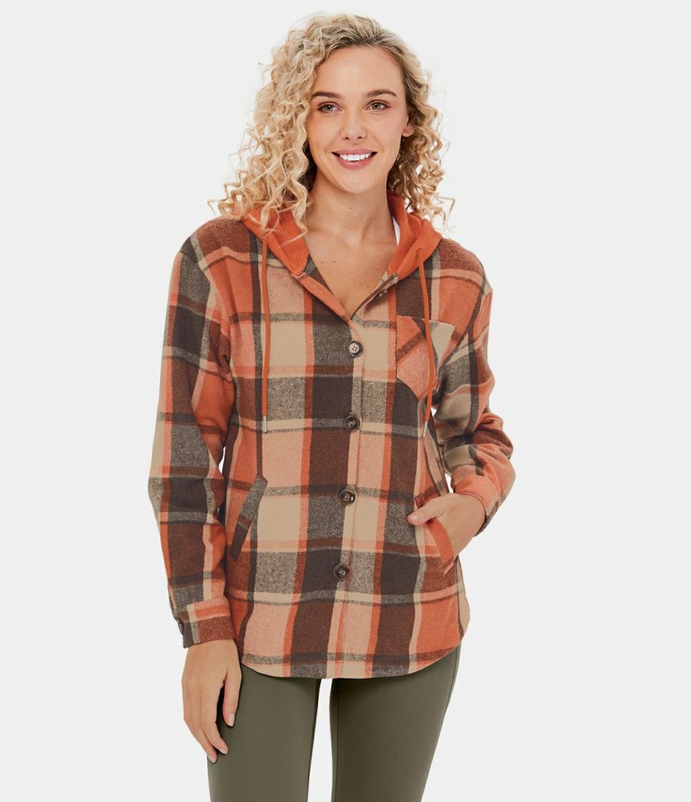 Hooded Drawstring Button Side Pocket Plaid Fleece Casual Jacket  | Womens  Long Sleeve Tops Clothing Long Sleeve Tops