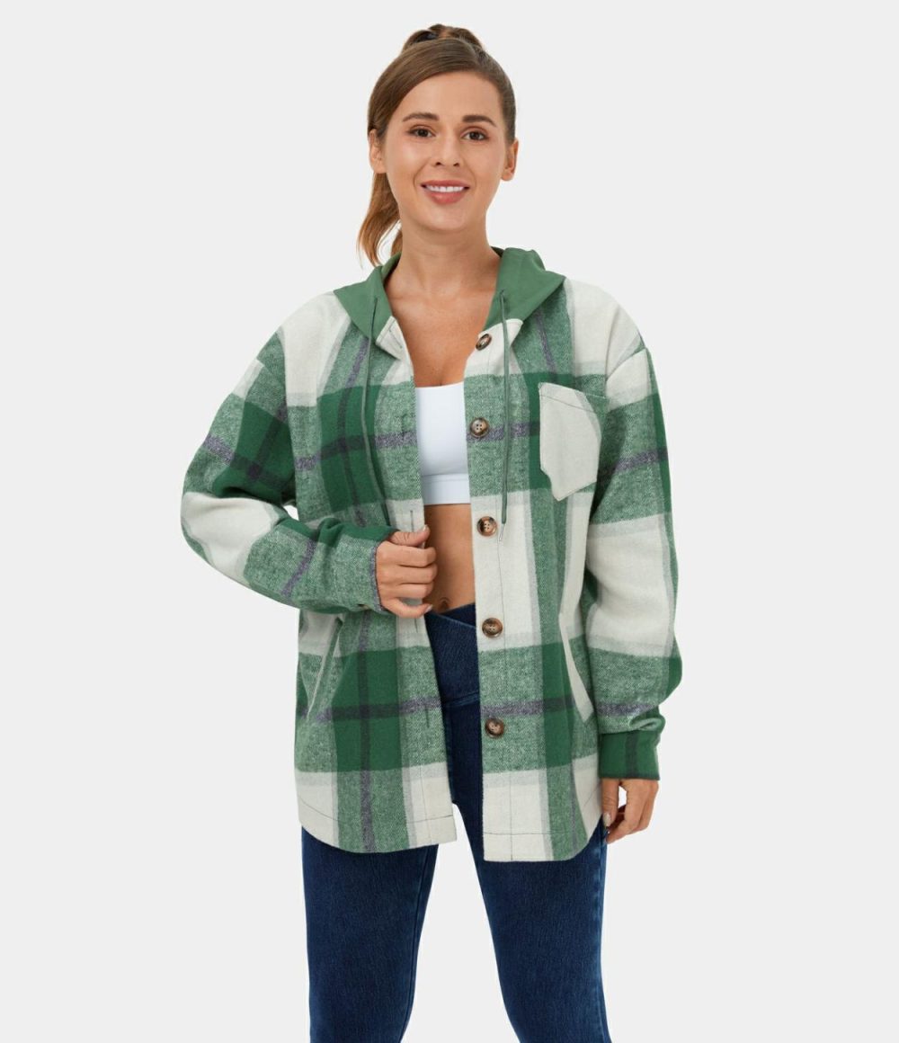 Hooded Drawstring Button Side Pocket Plaid Fleece Casual Jacket  | Womens  Long Sleeve Tops Clothing Long Sleeve Tops