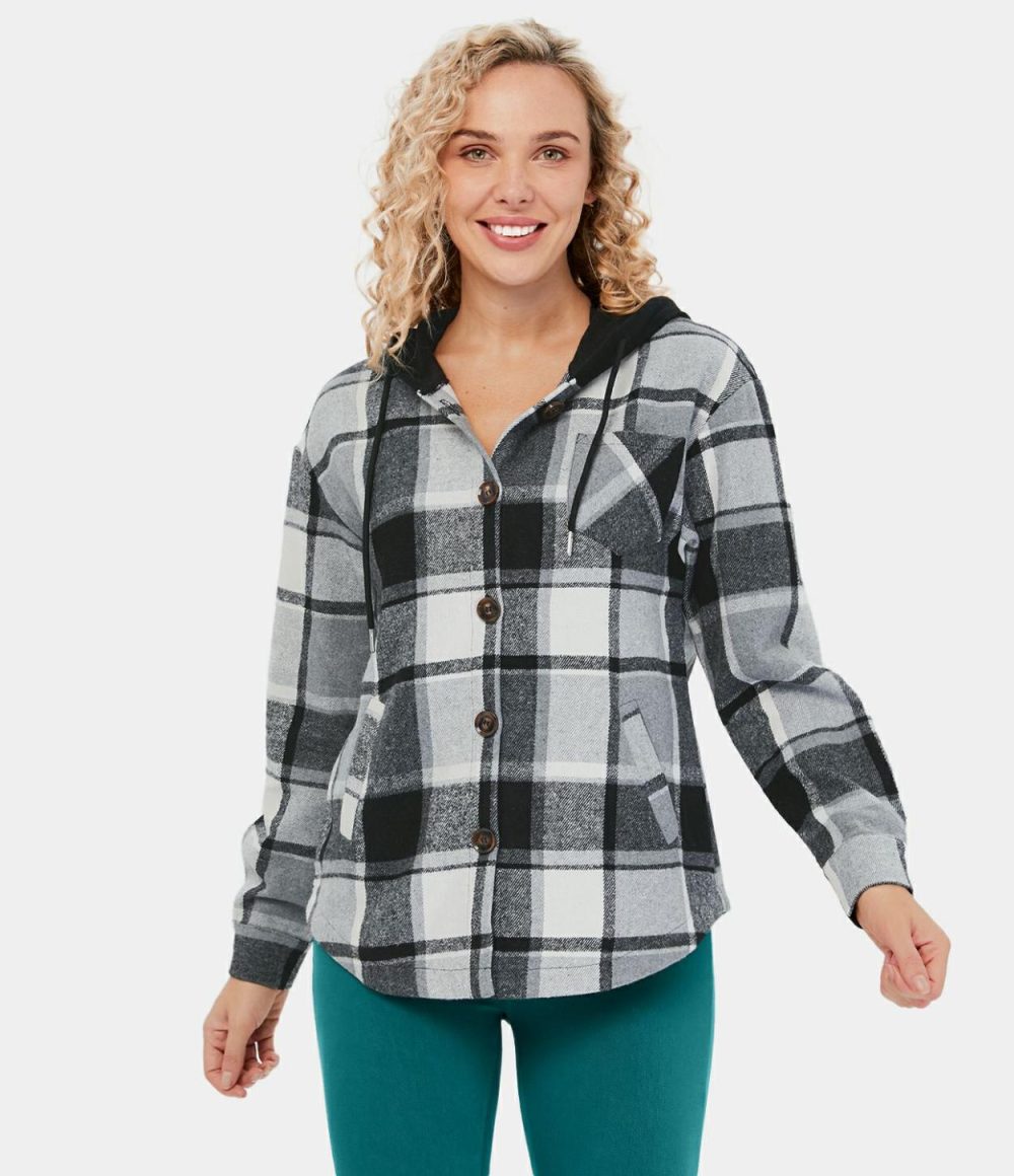 Hooded Drawstring Button Side Pocket Plaid Fleece Casual Jacket  | Womens  Long Sleeve Tops Clothing Long Sleeve Tops