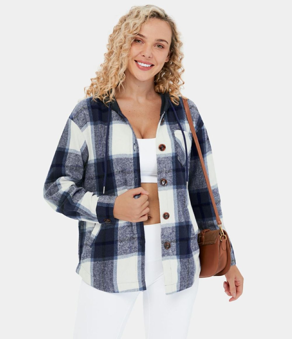 Hooded Drawstring Button Side Pocket Plaid Fleece Casual Jacket  | Womens  Long Sleeve Tops Clothing Long Sleeve Tops