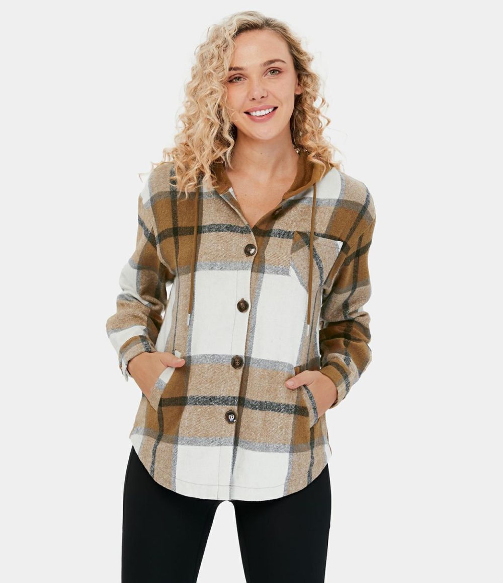 Hooded Drawstring Button Side Pocket Plaid Fleece Casual Jacket  | Womens  Long Sleeve Tops Clothing Long Sleeve Tops