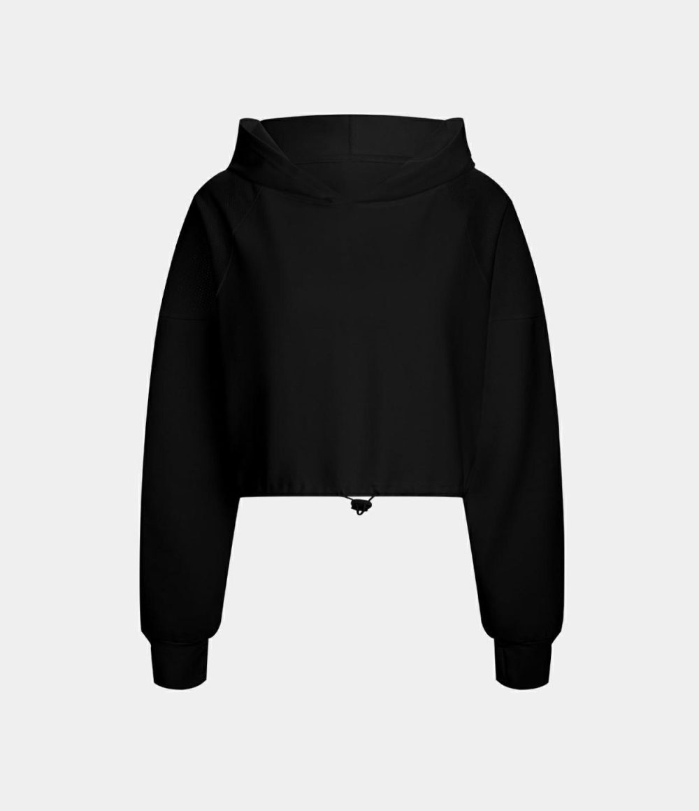 Hooded Drawstring Contrast Mesh Cropped Yoga Sports Sweatshirt  | Womens  Long Sleeve Tops Clothing Long Sleeve Tops