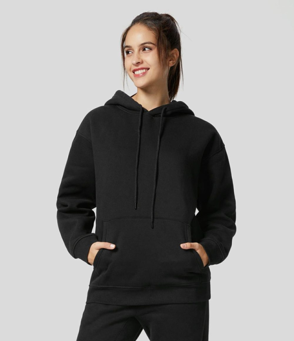 Hooded Drawstring Dropped Shoulder Kangaroo Pocket Fleece Hoodie Sweatshirt  | Womens  Long Sleeve Tops Clothing Black/White/Margarita/Clear Sky/Candy Frost Pink