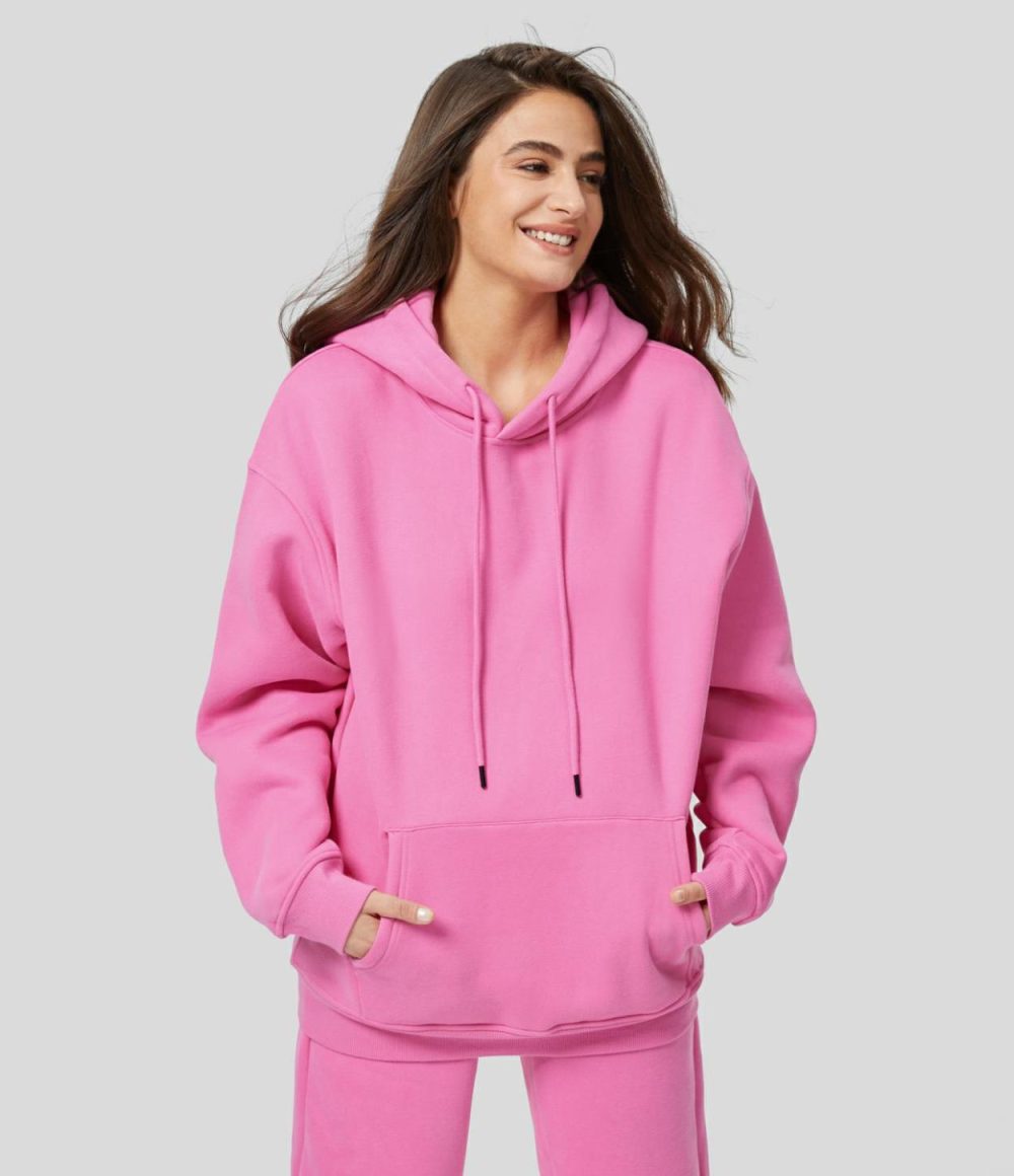 Hooded Drawstring Dropped Shoulder Kangaroo Pocket Fleece Hoodie Sweatshirt  | Womens  Long Sleeve Tops Clothing Black/White/Margarita/Clear Sky/Candy Frost Pink