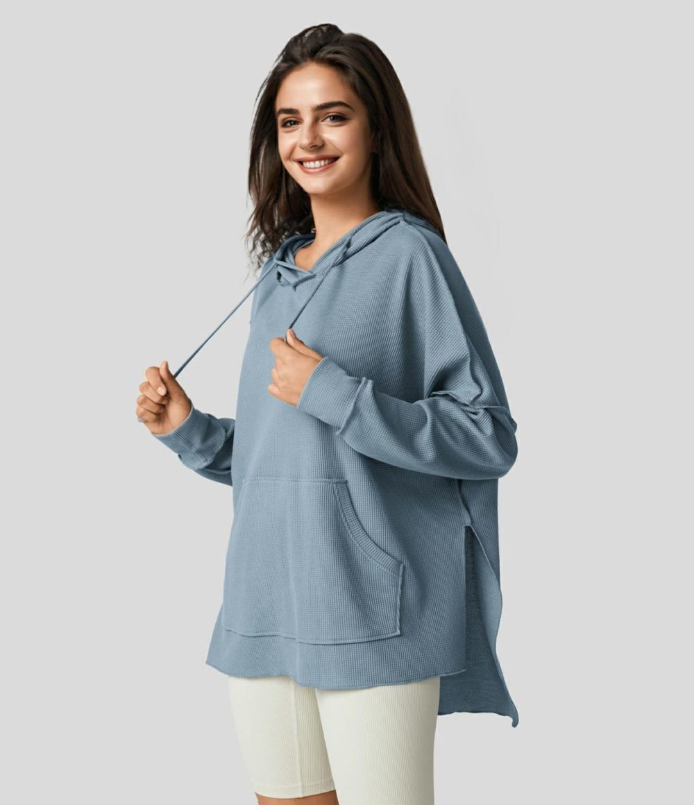 Hooded Drawstring Kangaroo Pocket Split Hem High Low Oversize Casual Waffle Sweatshirt  | Womens  Long Sleeve Tops Clothing Light Blue/Plum Bossom Red/Black/Kalamata