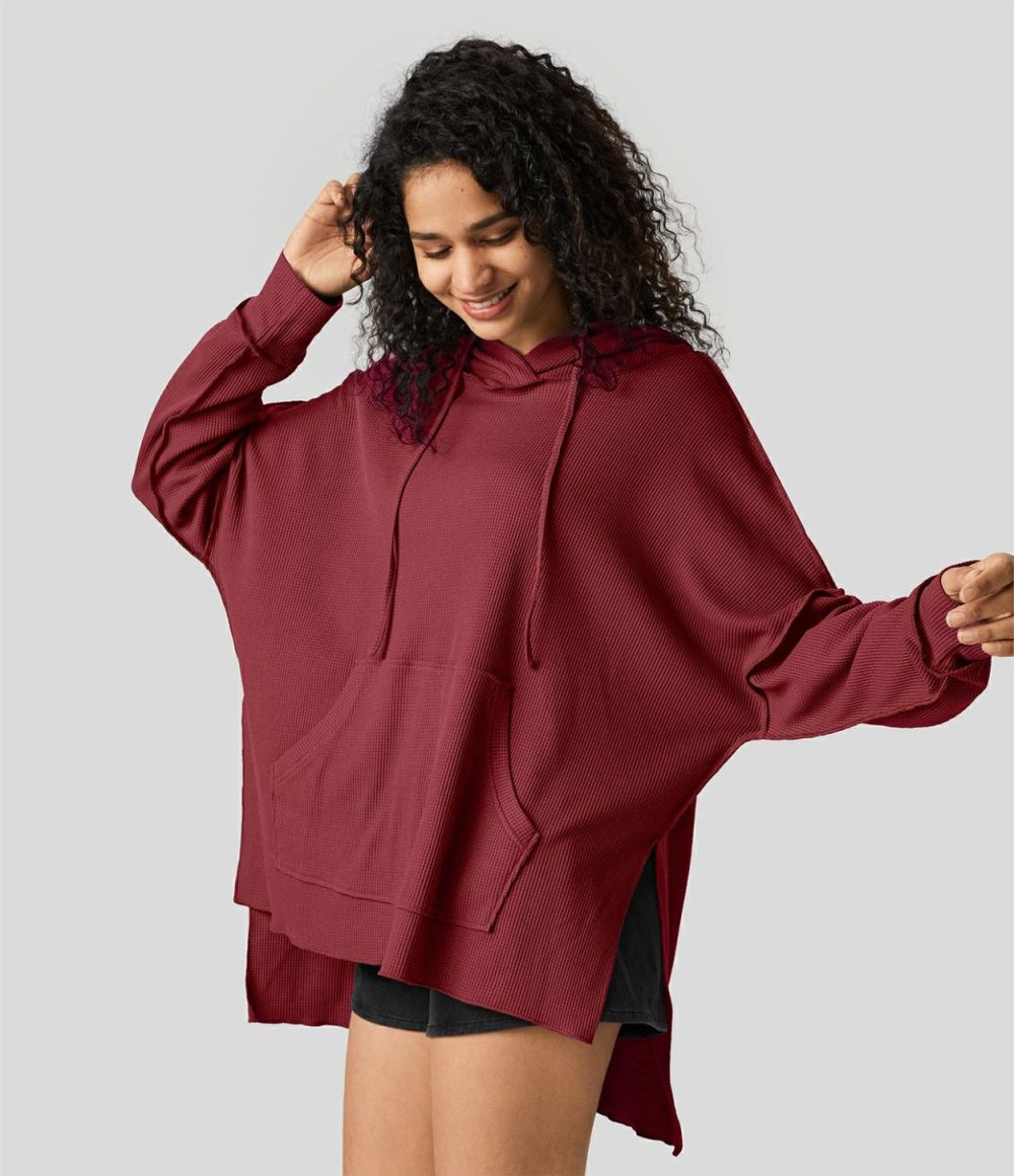 Hooded Drawstring Kangaroo Pocket Split Hem High Low Oversize Casual Waffle Sweatshirt  | Womens  Long Sleeve Tops Clothing Light Blue/Plum Bossom Red/Black/Kalamata