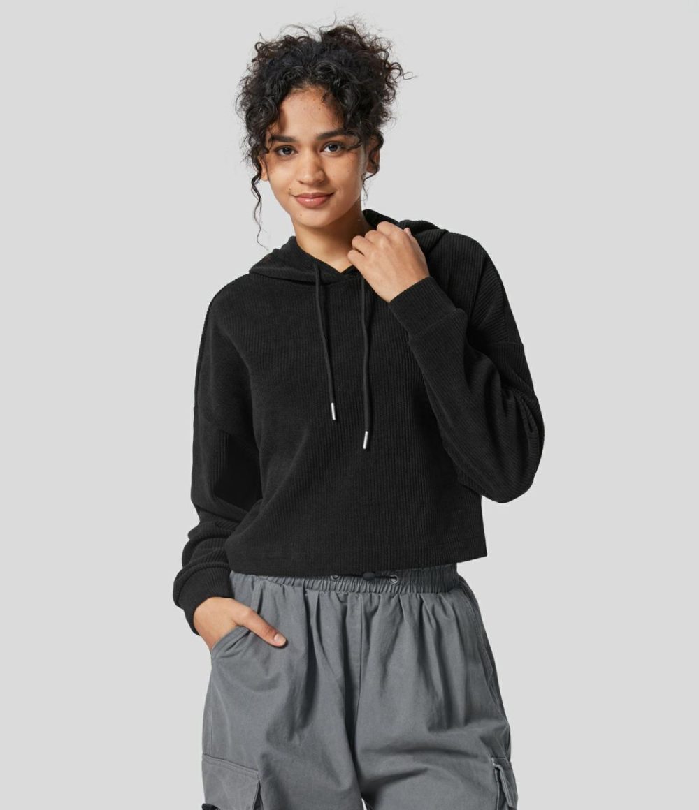 Hooded Dropped Shoulder Drawstring Casual Chenille Hoodie Sweatshirt  | Womens  Long Sleeve Tops Clothing Coffee Liqueúr/Black