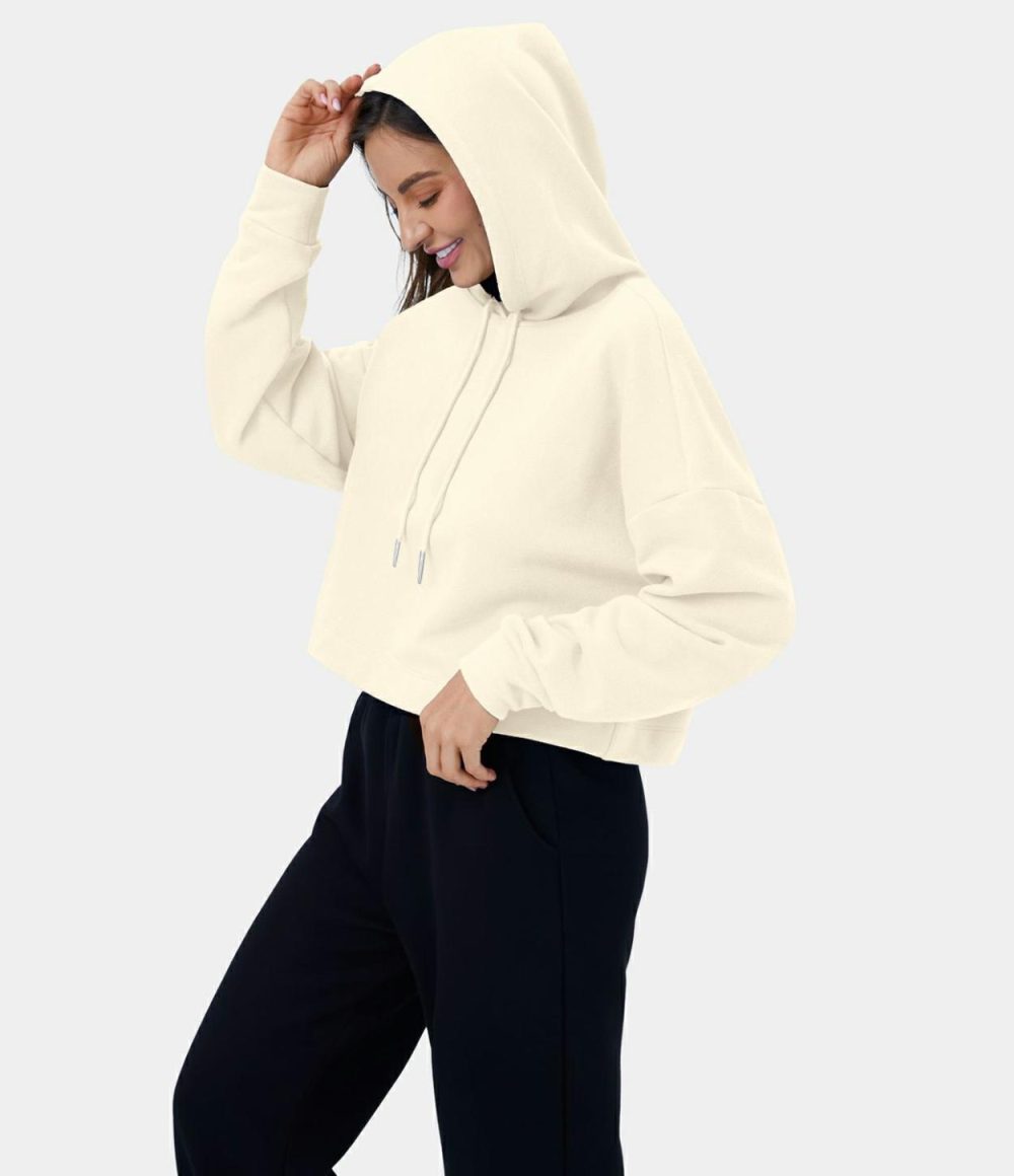 Hooded Dropped Shoulder Drawstring Cropped Fleece Casual Cotton Hoodie Sweatshirt  | Womens  Long Sleeve Tops Clothing Afterglow/Blue Flower Gray