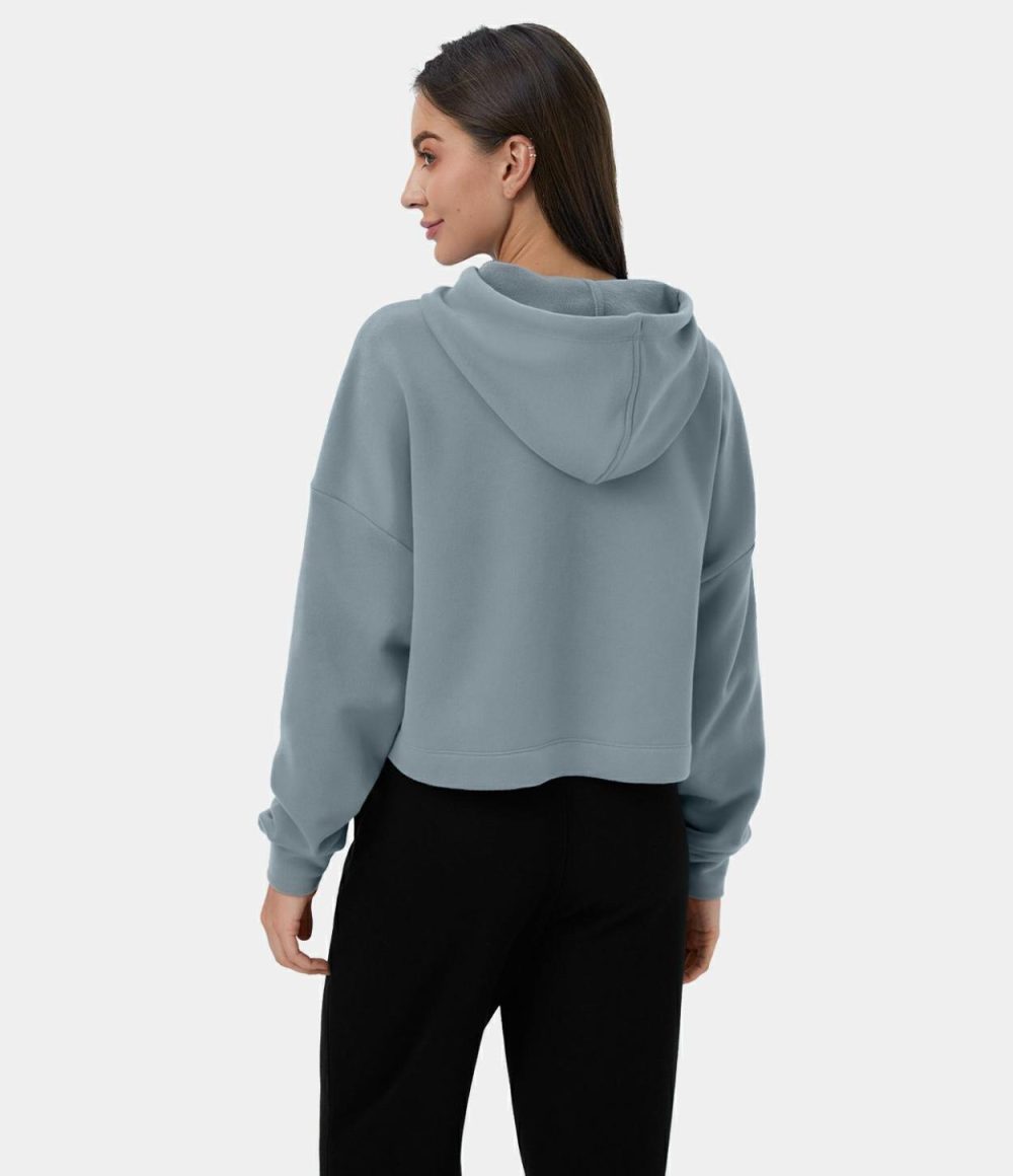 Hooded Dropped Shoulder Drawstring Cropped Fleece Casual Cotton Hoodie Sweatshirt  | Womens  Long Sleeve Tops Clothing Afterglow/Blue Flower Gray