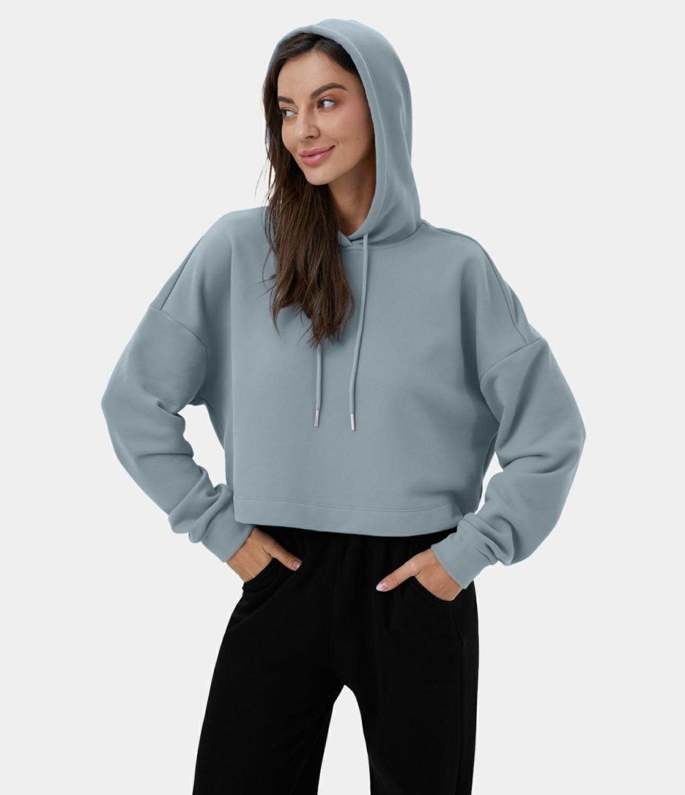 Hooded Dropped Shoulder Drawstring Cropped Fleece Casual Cotton Hoodie Sweatshirt  | Womens  Long Sleeve Tops Clothing Afterglow/Blue Flower Gray