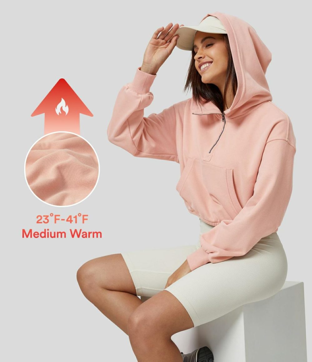 Hooded Dropped Shoulder Half Zipper Kangaroo Pocket Solid Fleece Casual Cotton Sweatshirt  | Womens  Long Sleeve Tops Clothing Long Sleeve Tops