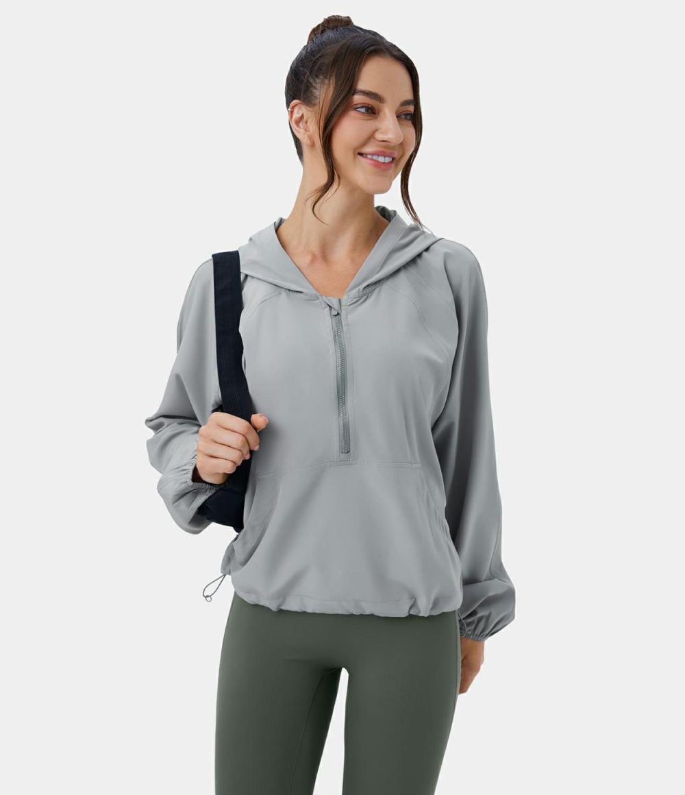 Hooded Half Zip Kangaroo Pocket Drawstring Yoga Jacket  | Womens  Long Sleeve Tops Clothing Long Sleeve Tops