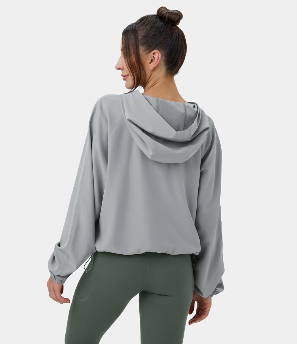 Hooded Half Zip Kangaroo Pocket Drawstring Yoga Jacket  | Womens  Long Sleeve Tops Clothing Long Sleeve Tops