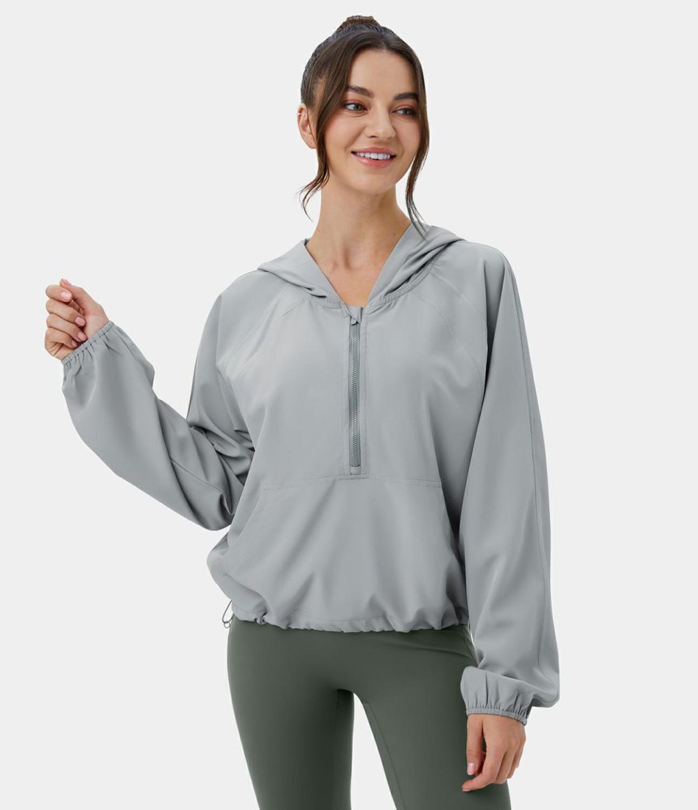 Hooded Half Zip Kangaroo Pocket Drawstring Yoga Jacket  | Womens  Long Sleeve Tops Clothing Long Sleeve Tops