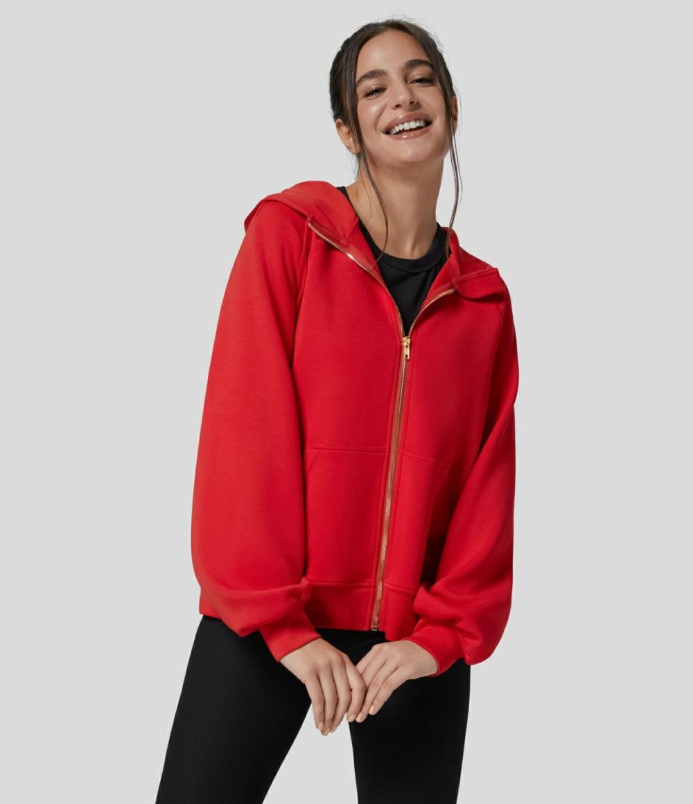 Hooded Raglan Bishop Sleeve Zipper Kangaroo Pocket Casual Sweatshirt  | Womens  Long Sleeve Tops Clothing Black/Vermillion