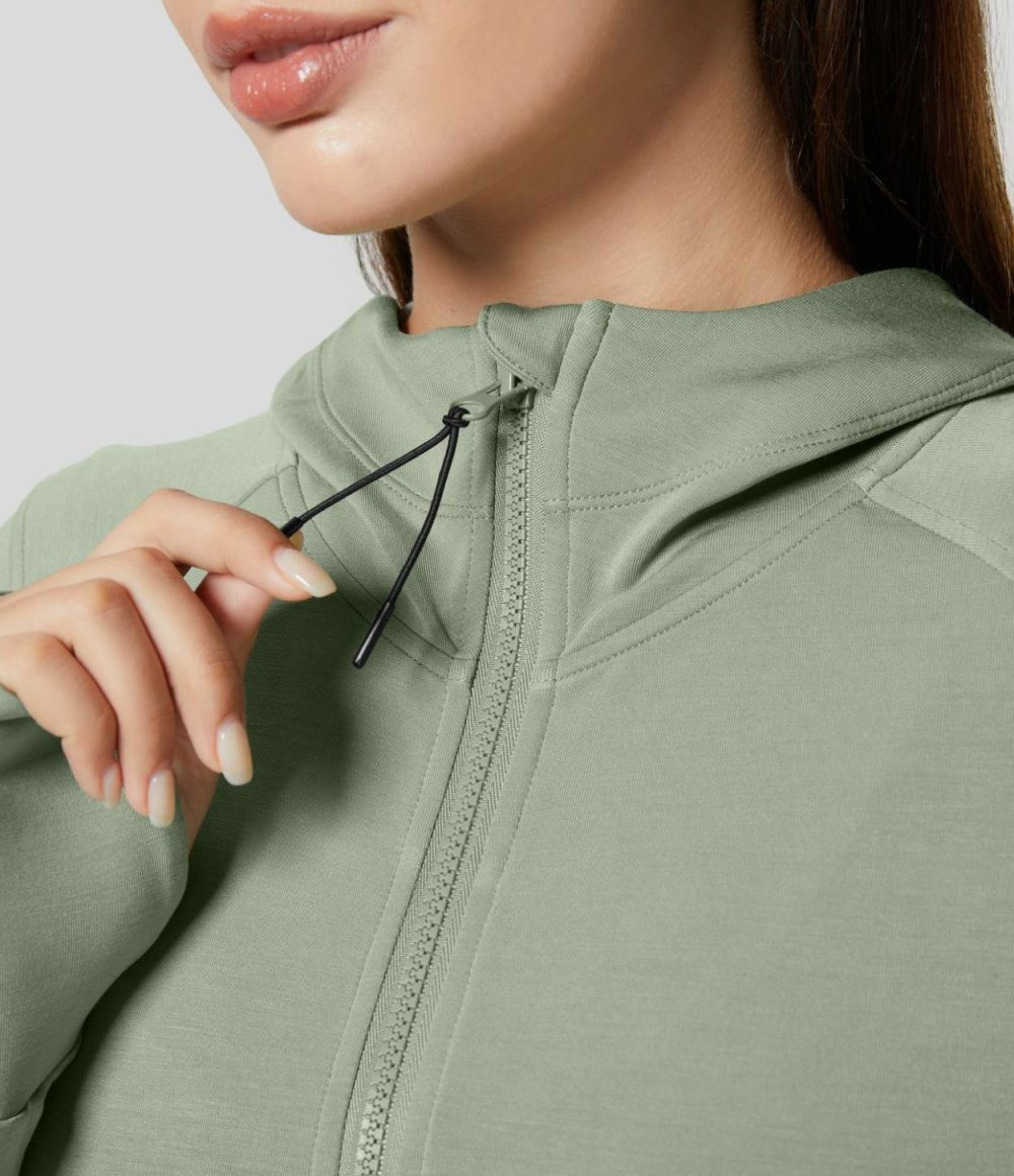 Hooded Raglan Sleeve Thumb Hole Side Pocket Zipper Slim Casual Sports Sweatshirt  | Womens  Long Sleeve Tops Clothing Black/Asparagus