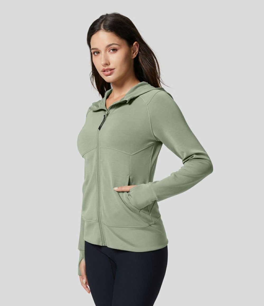 Hooded Raglan Sleeve Thumb Hole Side Pocket Zipper Slim Casual Sports Sweatshirt  | Womens  Long Sleeve Tops Clothing Black/Asparagus