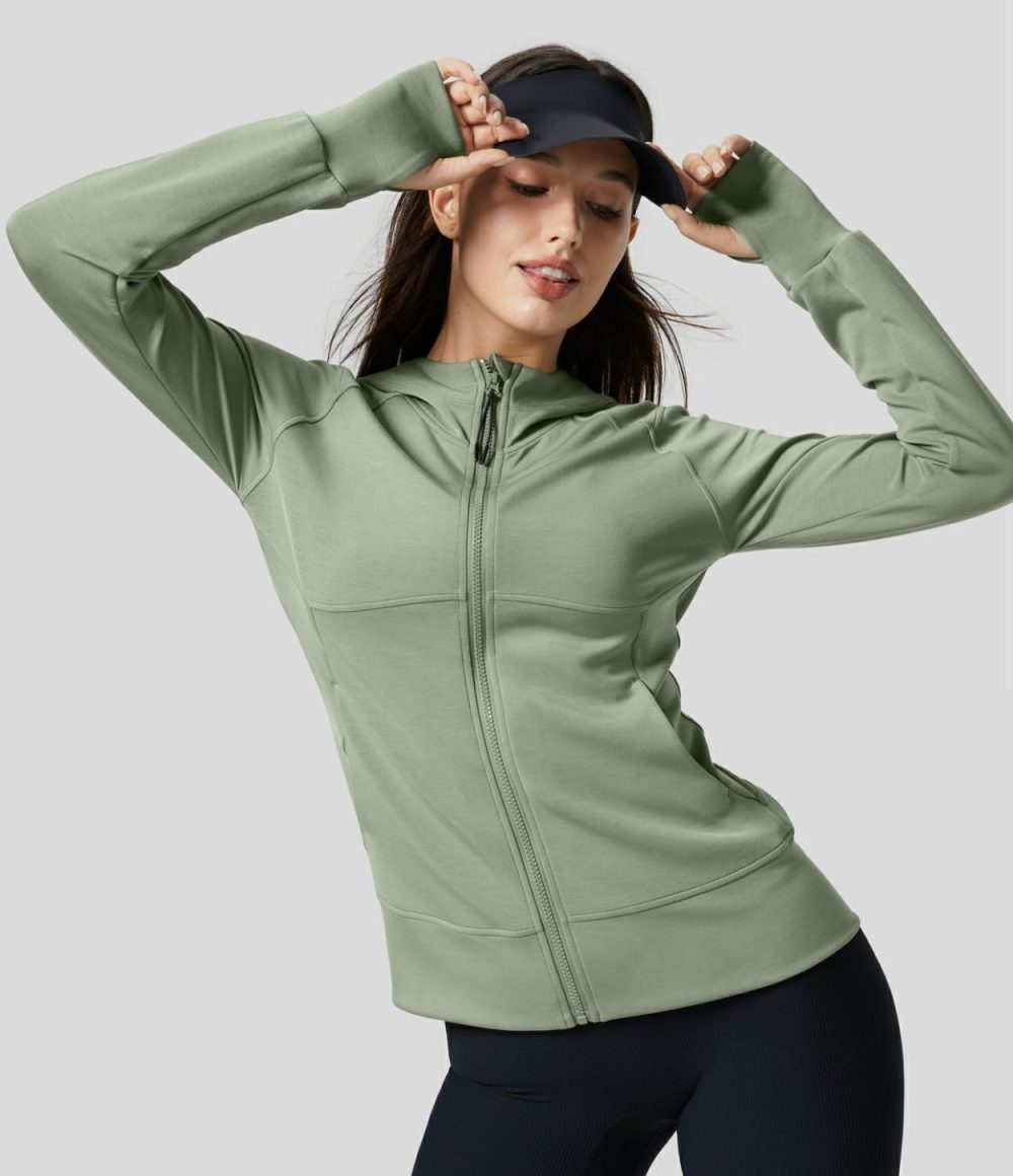 Hooded Raglan Sleeve Thumb Hole Side Pocket Zipper Slim Casual Sports Sweatshirt  | Womens  Long Sleeve Tops Clothing Black/Asparagus