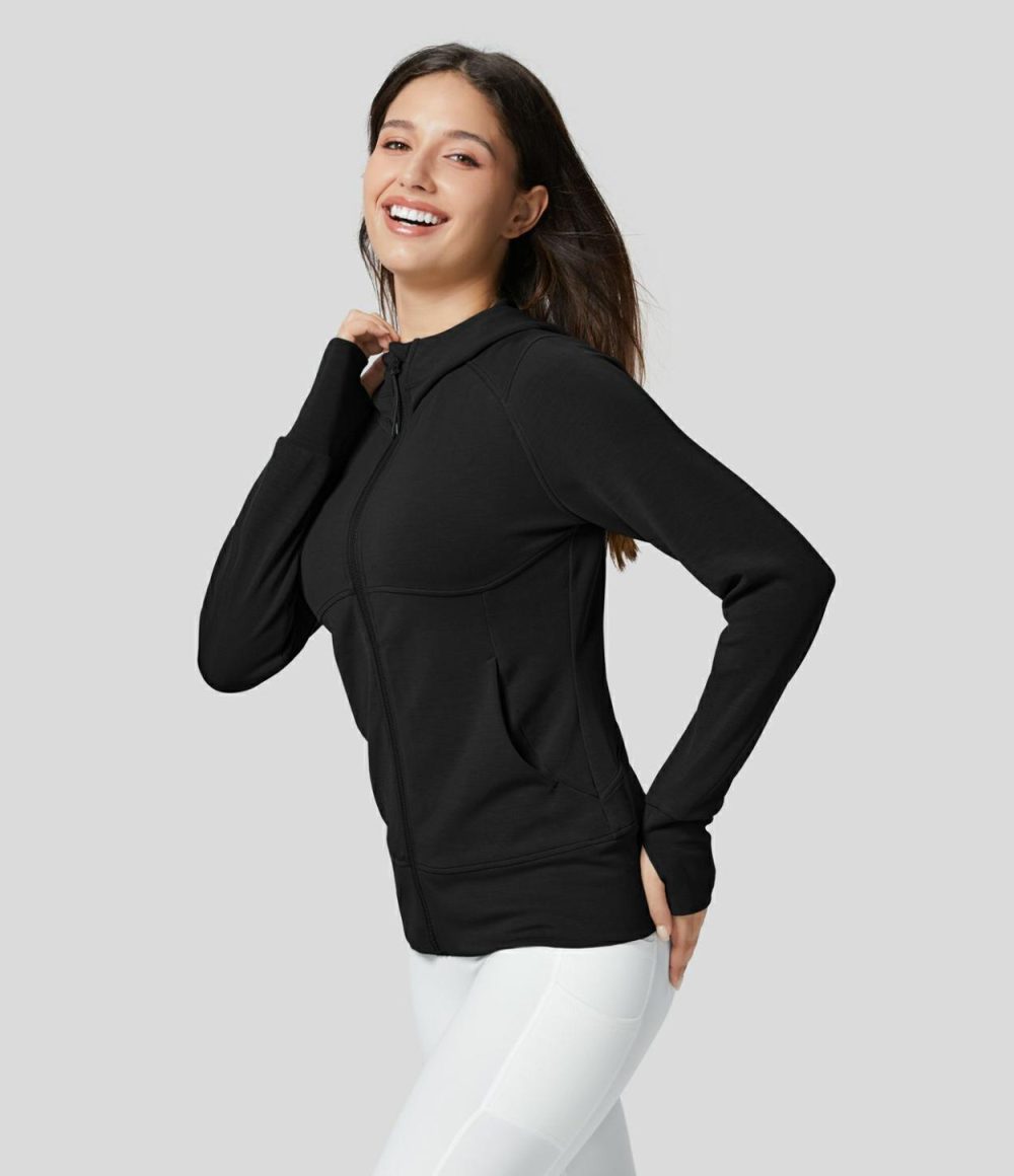 Hooded Raglan Sleeve Thumb Hole Side Pocket Zipper Slim Casual Sports Sweatshirt  | Womens  Long Sleeve Tops Clothing Black/Asparagus