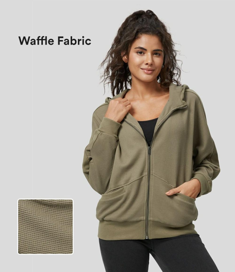 Hooded Zipper Dropped Shoulder Pocket Waffle Casual Jacket  | Womens  Long Sleeve Tops Clothing Deep Drape Green/Black