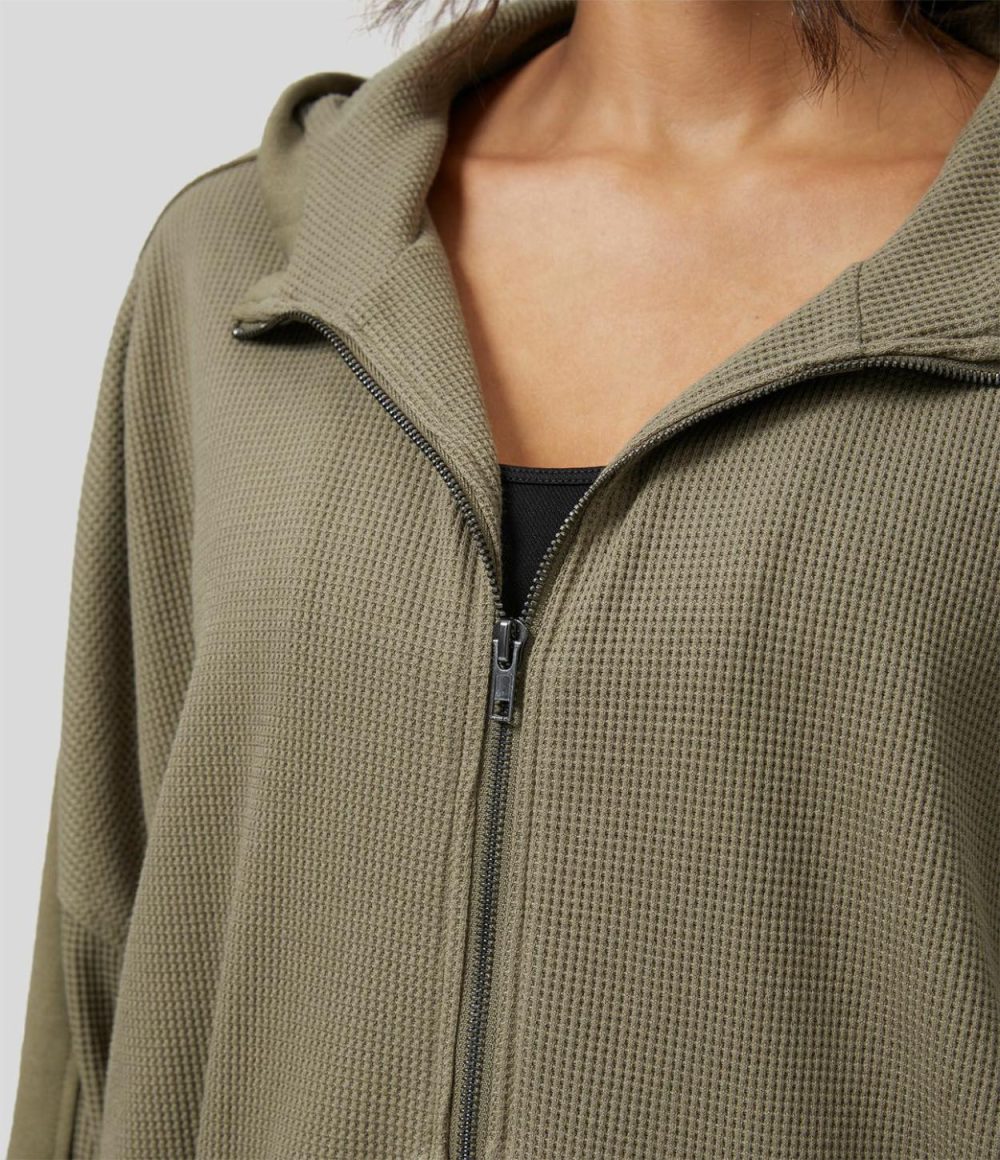 Hooded Zipper Dropped Shoulder Pocket Waffle Casual Jacket  | Womens  Long Sleeve Tops Clothing Deep Drape Green/Black