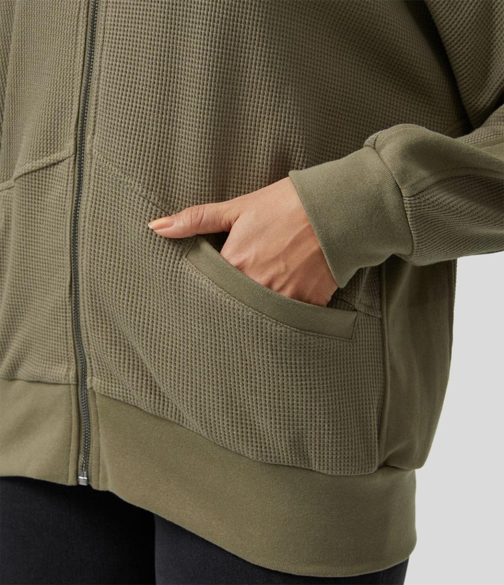 Hooded Zipper Dropped Shoulder Pocket Waffle Casual Jacket  | Womens  Long Sleeve Tops Clothing Deep Drape Green/Black