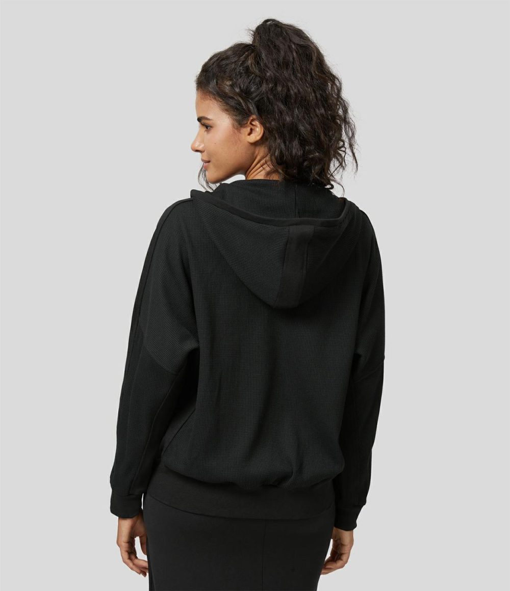 Hooded Zipper Dropped Shoulder Pocket Waffle Casual Jacket  | Womens  Long Sleeve Tops Clothing Deep Drape Green/Black