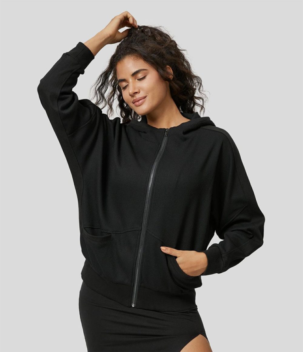 Hooded Zipper Dropped Shoulder Pocket Waffle Casual Jacket  | Womens  Long Sleeve Tops Clothing Deep Drape Green/Black