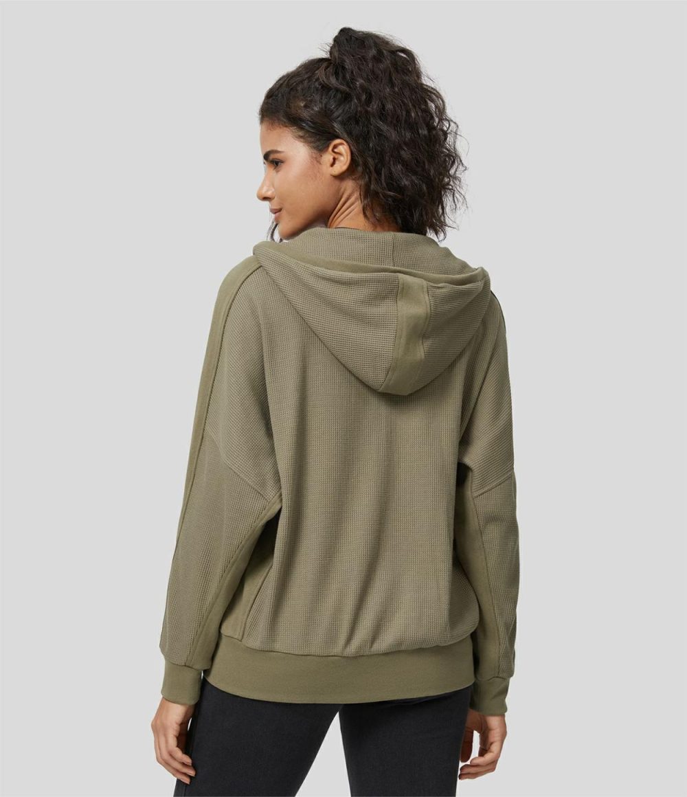 Hooded Zipper Dropped Shoulder Pocket Waffle Casual Jacket  | Womens  Long Sleeve Tops Clothing Deep Drape Green/Black