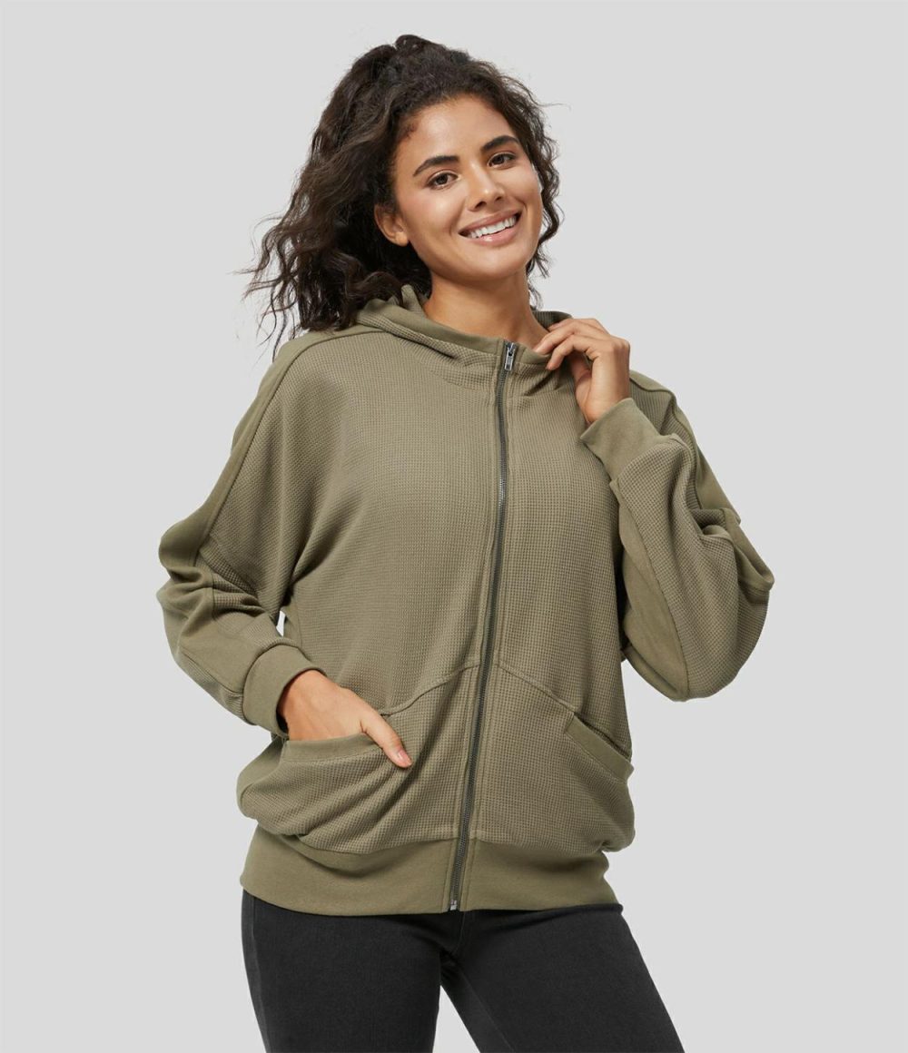 Hooded Zipper Dropped Shoulder Pocket Waffle Casual Jacket  | Womens  Long Sleeve Tops Clothing Deep Drape Green/Black