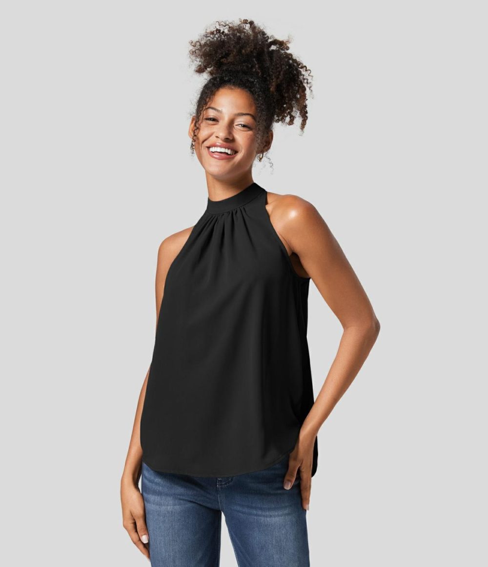 Keyhole Back Halter Plicated Sleeveless Curved Hem Work Blouse  | Womens  T-Shirts Clothing Skyride/Black/Fish Belly White/Plum Bossom Red/Abundant Green/Denim Blue/Surf The Web/Sandalwood Grey