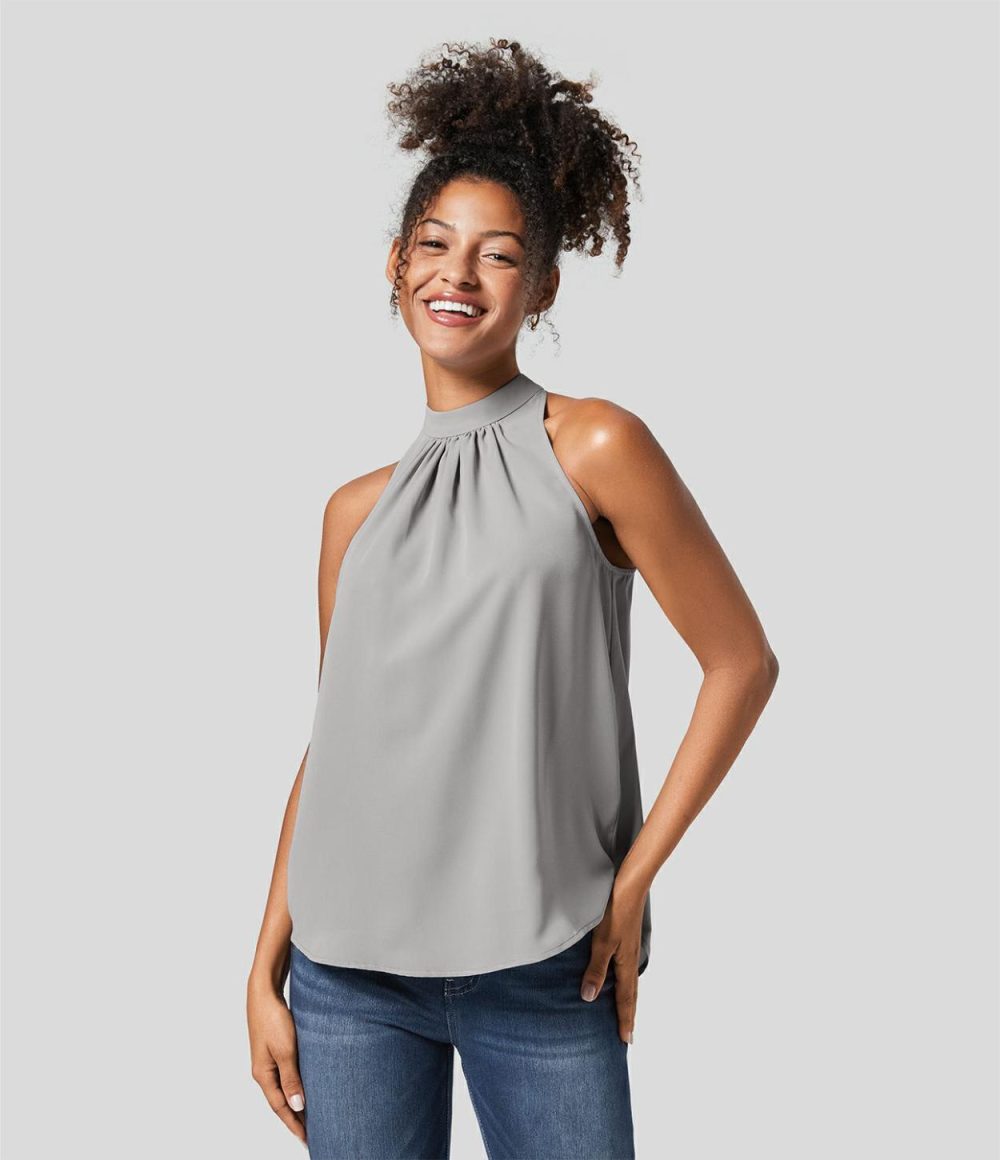 Keyhole Back Halter Plicated Sleeveless Curved Hem Work Blouse  | Womens  T-Shirts Clothing Skyride/Black/Fish Belly White/Plum Bossom Red/Abundant Green/Denim Blue/Surf The Web/Sandalwood Grey