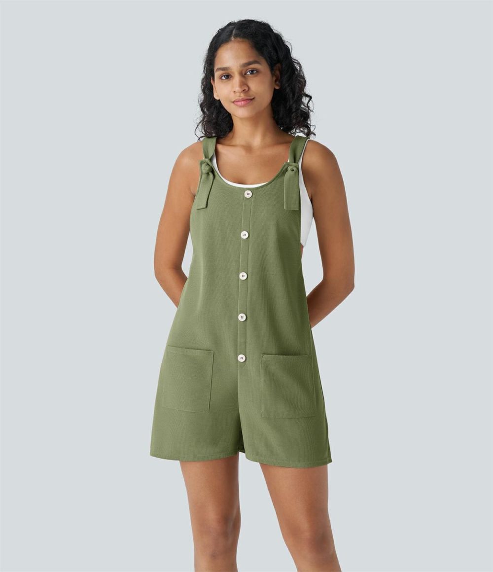 Knot Strap Decorative Button Front Pockets Waffle Resort Overalls  | Womens  Overalls Clothing Black/Mountain Spring/Forest Biome/Rose Tan/Loden Green