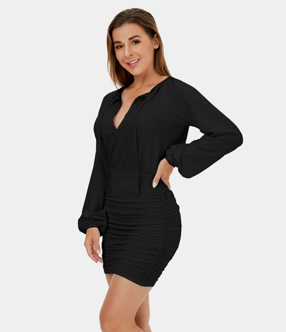 Knot Tie Back Cut Out Ruched Bodycon Mini Casual Dress  | Womens  Mini Dresses Clothing Barely Pink/Black