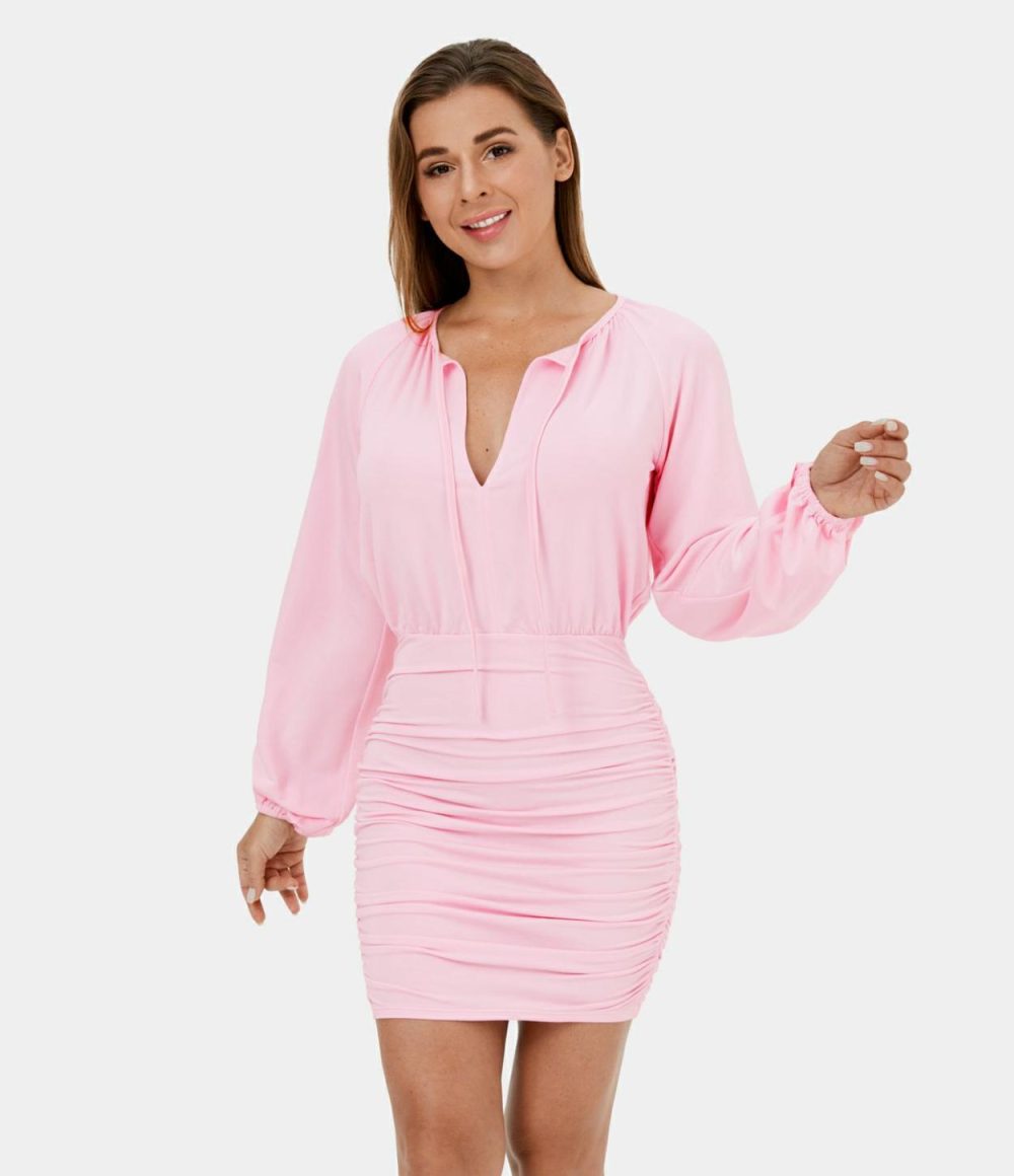 Knot Tie Back Cut Out Ruched Bodycon Mini Casual Dress  | Womens  Mini Dresses Clothing Barely Pink/Black